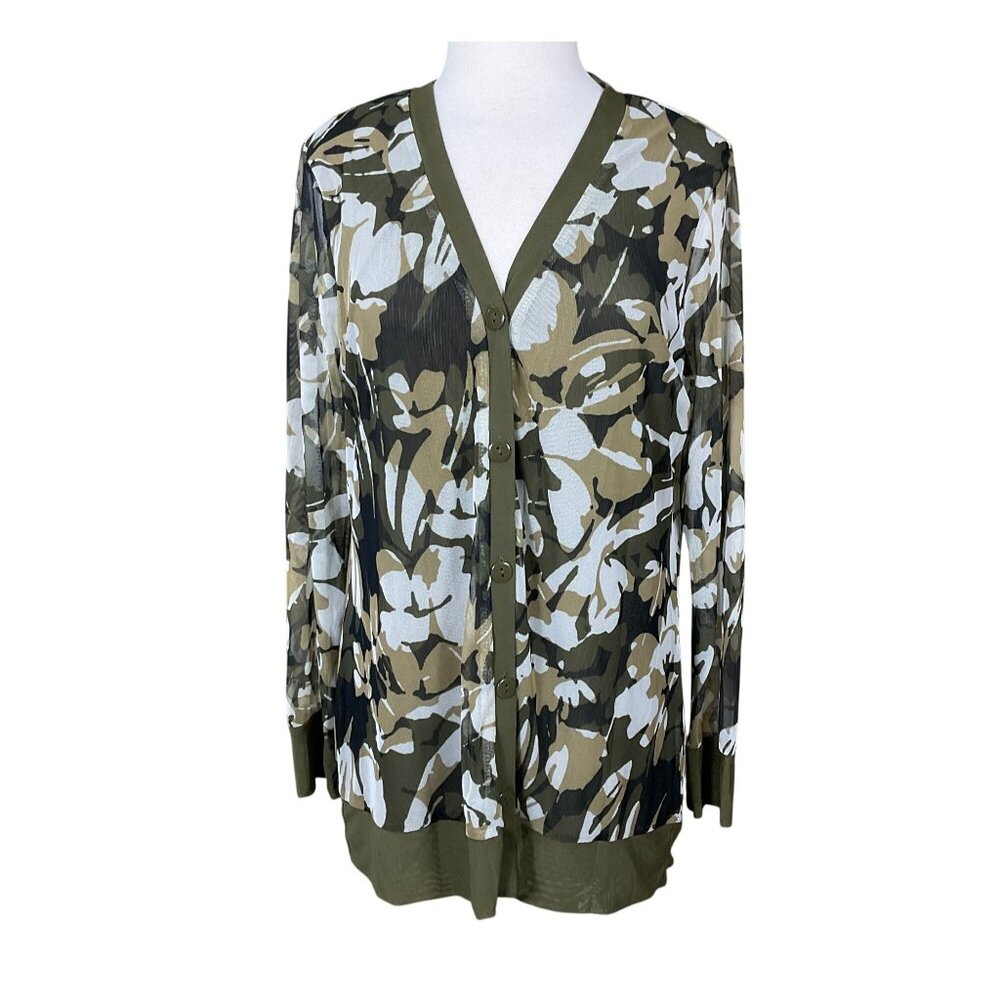 Chicos Camo Olive Brown Floral Print V-Neck Button Front Mesh Cardigan LG